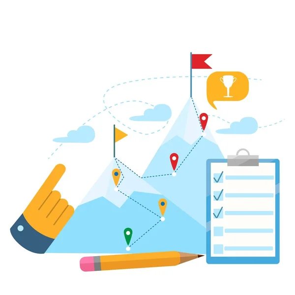 Pontos de controlo a caminho do objectivo alto nível de trabalho. Suba uma montanha . —  Vetores de Stock