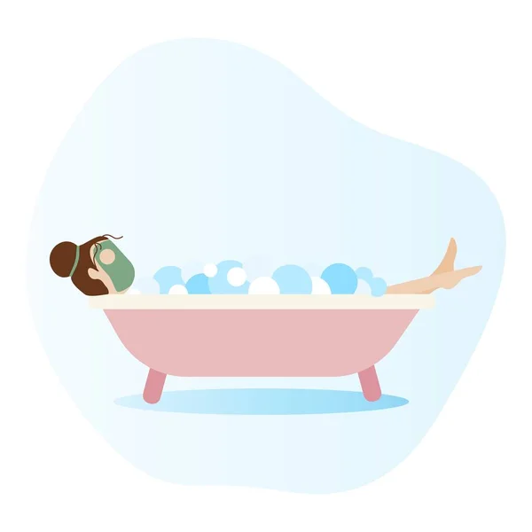 비누 거품 가득한 욕조에 누워 있는 여자입니다. 목욕 하는 여자. — 스톡 벡터