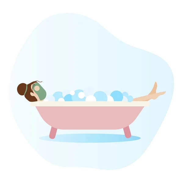 Woman lying in bathtub full of soap foam. Woman taking a bath. — Stock Vector