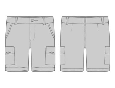 Teknik kroki gri kargo şort pantolon tasarım şablonu.