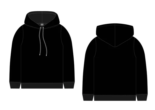 Technický náčrt mužského černého Hoodie. Šablona mockup šablony. — Stockový vektor