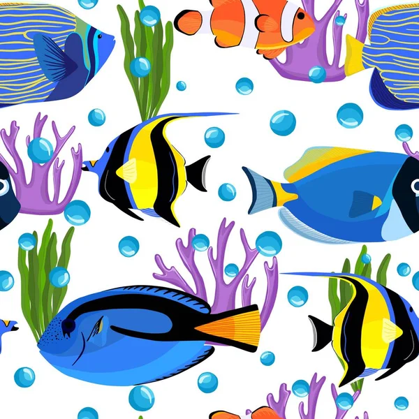 Undersea seamless pattern. Fish underwater with bubbles. — Stock Vector