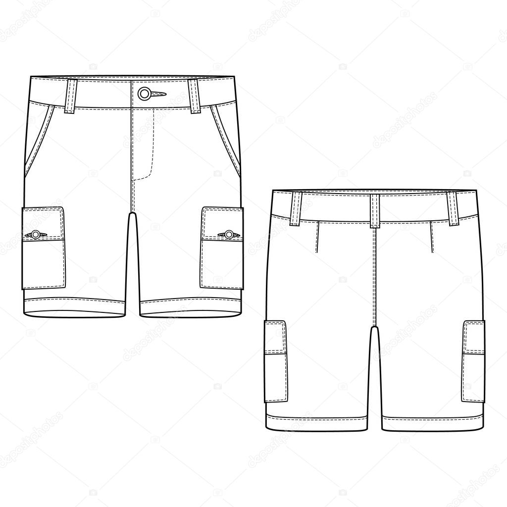 Technical sketch cargo shorts pants design template.