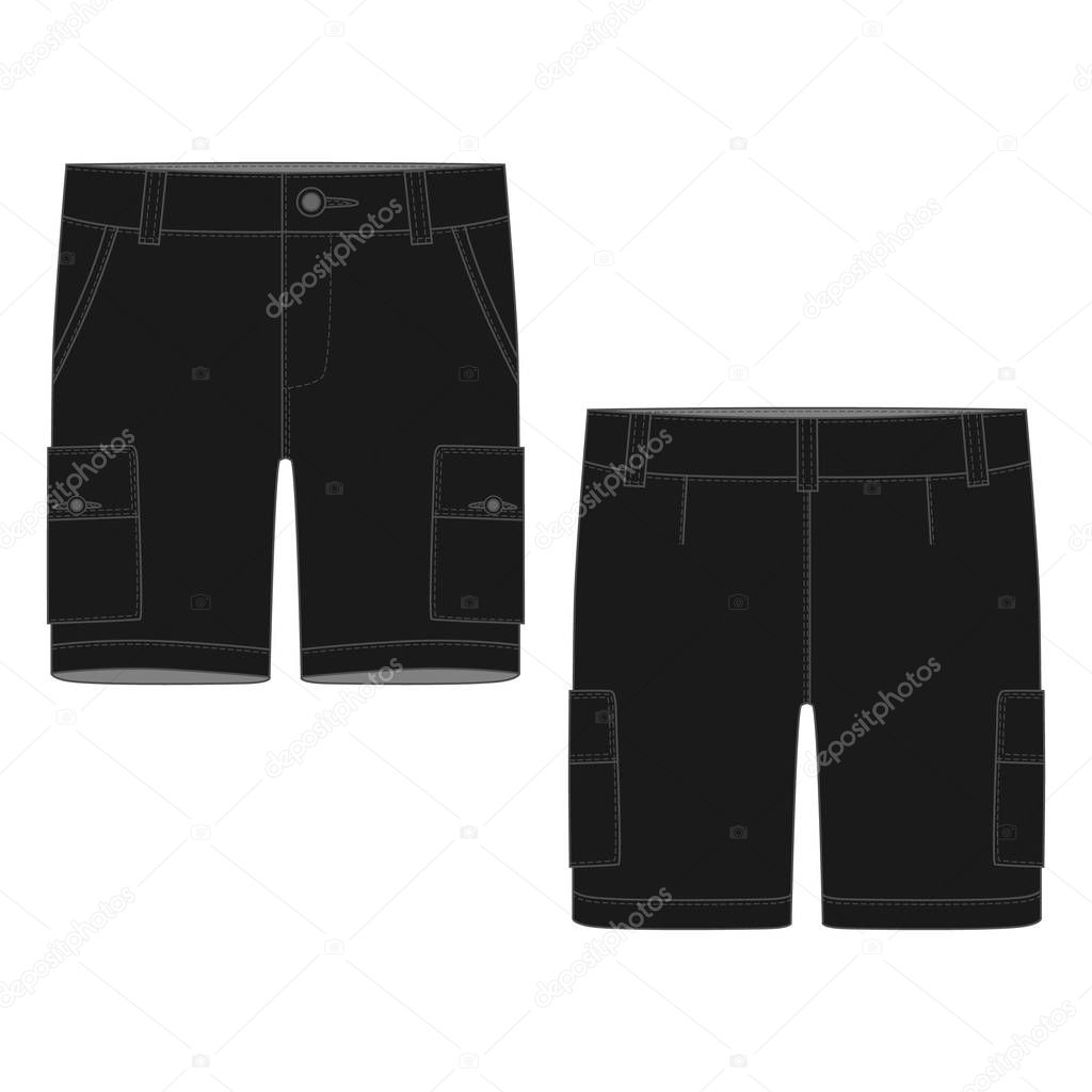 Technical sketch black cargo shorts pants design template.