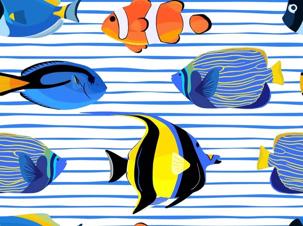 Fische unter Wasser mit Blasen nahtlose Muster auf Streifen Hintergrund. — Stockvektor