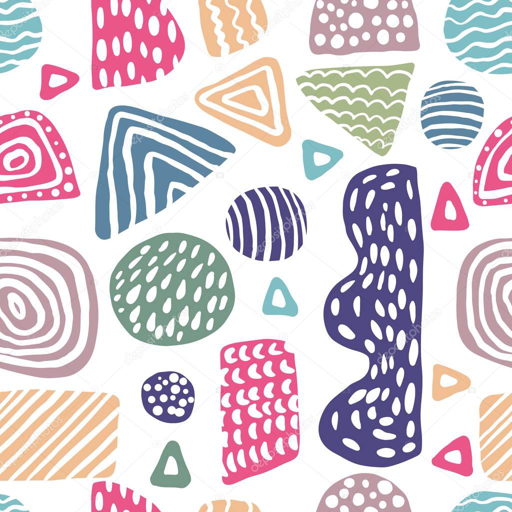 Creative freehand colored shapes seamless pattern. Simple design