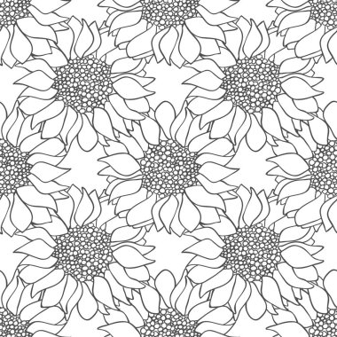 Ayçiçekleri siyah beyaz renklerde dikişsiz desen çiçekler.