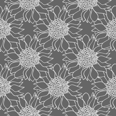 Ayçiçekleri siyah beyaz renklerde dikişsiz desen çiçekler.