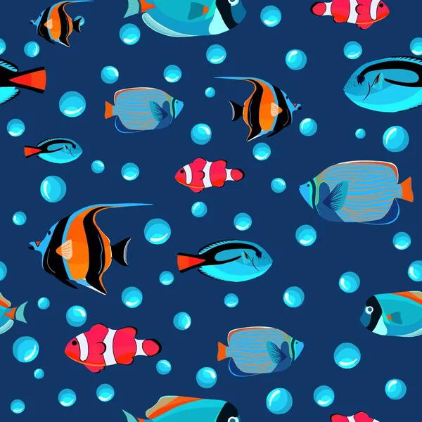 Fiska under vattnet med bubblor. Undervattens mönster. — Stock vektor