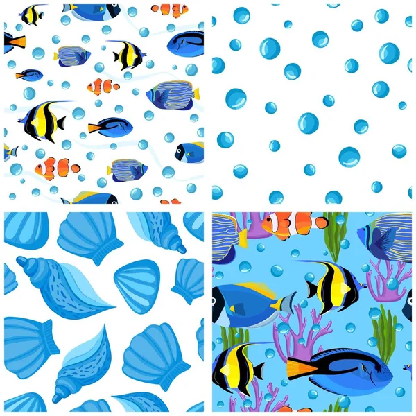 Reihe von Fischen unter Wasser mit Blasen. Nahtloses Unterwasser-Muster. — Stockvektor