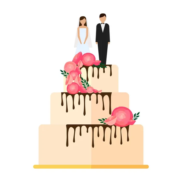 एक सफेद पृष्ठभूमि पर अलग फूलों की सजावट के साथ शादी केक . — स्टॉक वेक्टर