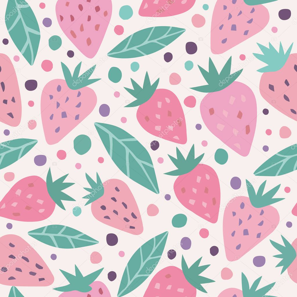 hand drawn strawberry with leaves and dot seamless pattern