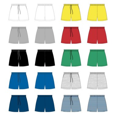 Spor şort pantolon tasarım şablonu seti. Gri arka plan üzerinde teknik çizim Moda vektör illüstrasyon.