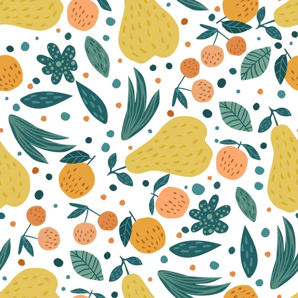 Früchte nahtlose Muster. Kirschbeeren, Äpfel, Birnen und Blätter — Stockvektor