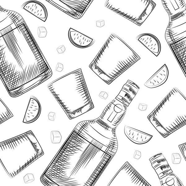 El çizilmiş eski moda cam, kireç, alkol şişesi ve buz küpü dikişsiz desen — Stok Vektör