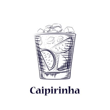El çizilmiş skeç kokteyl cachaca, şeker ve kireç. İzole koctail