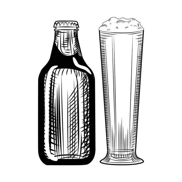 Bouteille de bière et verre. Illustration de style gravure — Image vectorielle