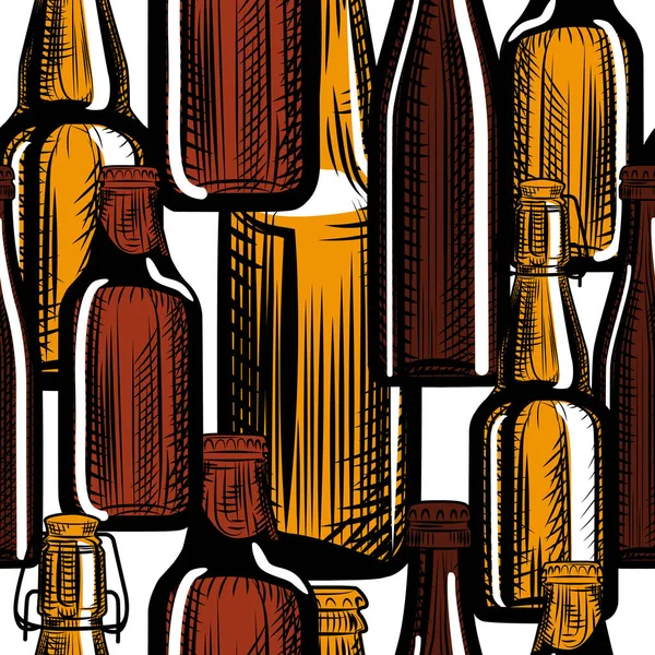 Beer bottles seamless pattern. Engraving style. Hand drawn — Stock Vector