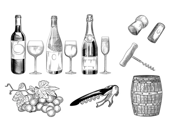 Set of wine. Hand drawn of wine glass, bottle, barrel, wine cork, corkscrew and grapes. — Stock Vector