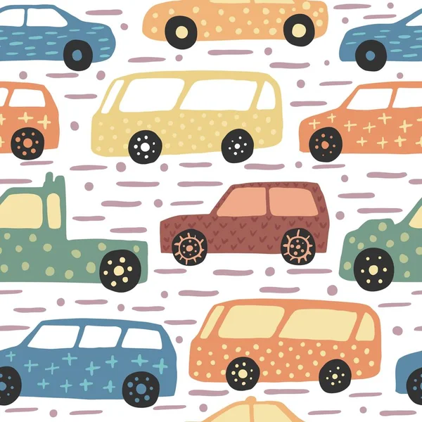 Naadloze patroon met de hand getekende leuke auto. Doodle auto's vector illustratie. — Stockvector