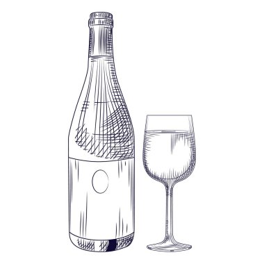 Elle çizilmiş şarap şişesi ve cam. Yalıtılmış nesneler