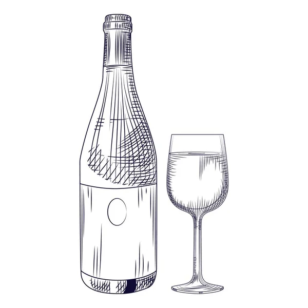 Bouteille de vin dessinée à la main et verre. Objets isolés — Image vectorielle