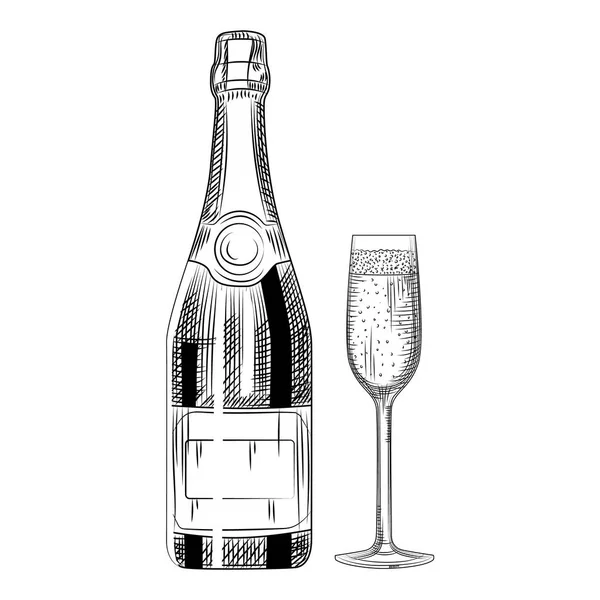 Hand getekende Champagne fles en glas. Geïsoleerde objecten — Stockvector