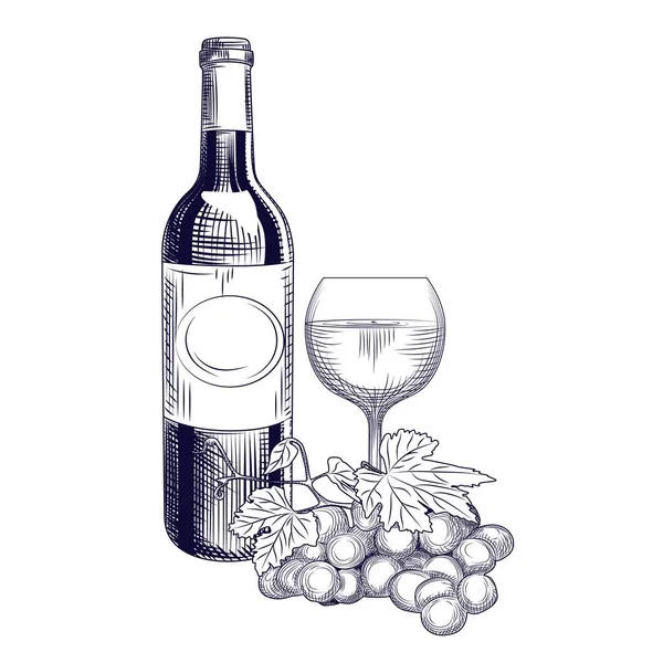 Бутылка вина, бокал и виноград. Стиль гравировки . — стоковый вектор