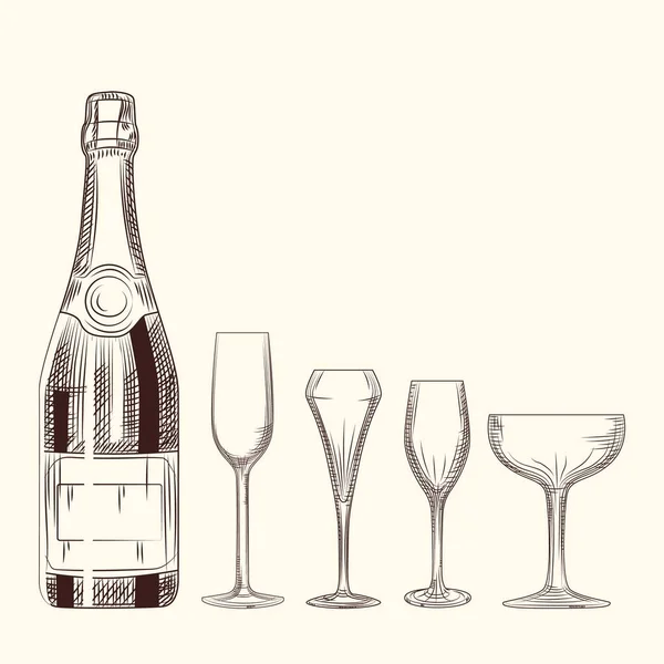 Hand getekende Champagne fles en glas. Gravure stijl op witte achtergrond. — Stockvector