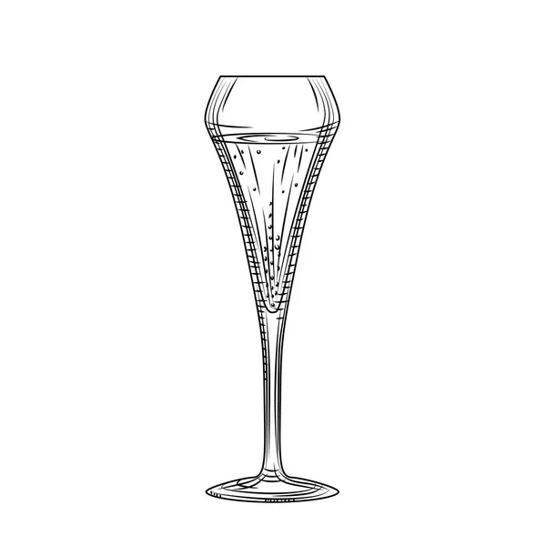 Copo de vinho espumante. Desenho de vidro de champanhe cheio desenhado à mão . — Vetor de Stock
