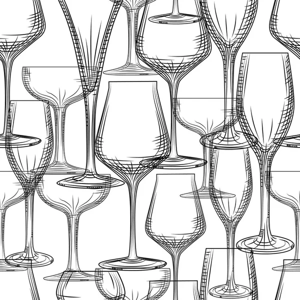 Padrão sem costura de vidro de barra desenhada à mão. Champanhe vazio e fundo de vidro de vinho . — Vetor de Stock