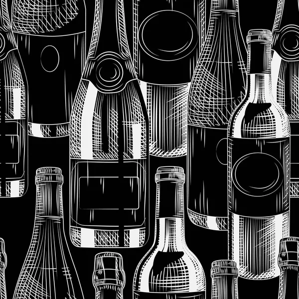Бутылки вина ручной работы бесшовный узор на черном фоне . — стоковый вектор