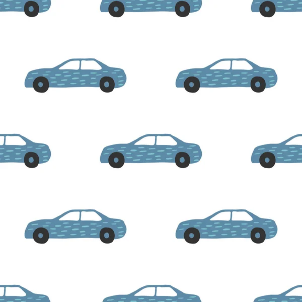 Blauwe auto naadloze patroon. Doodle auto's vector illustratie. — Stockvector