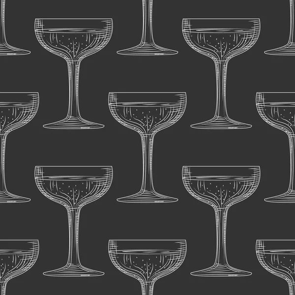 Untertasse Glas nahtlose Muster. Handgezeichnete Champagnerglasskizze. — Stockvektor