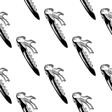 Corkscrew dikişsiz desen. Gravür tarzı. Sommelier bıçak fon.