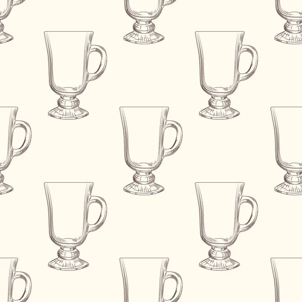 Irish Coffee mug seamless pattern. Hand drawn glassware cup backdrop. — Stock Vector