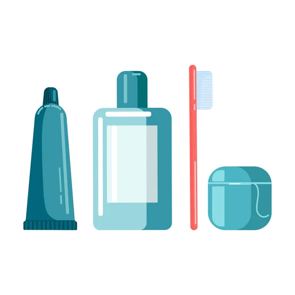 Cuidado bucal. Un tubo de pasta de dientes, enjuague bucal, cepillo de dientes y hilo dental — Archivo Imágenes Vectoriales