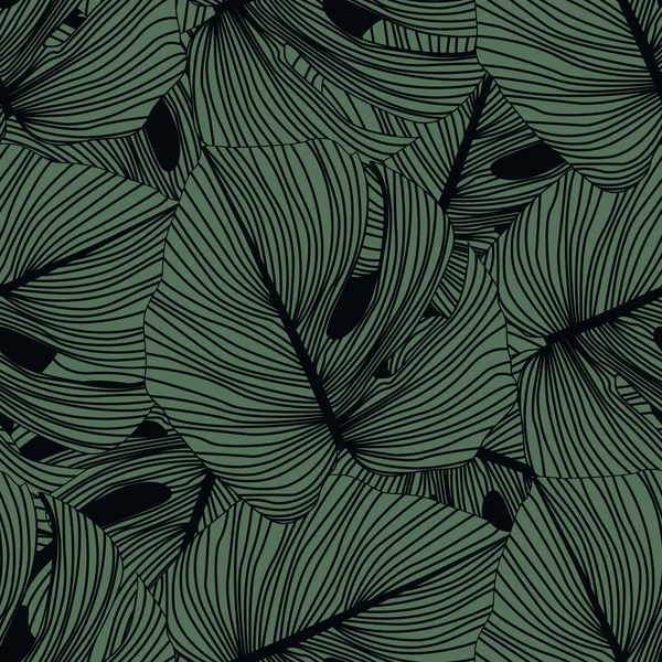 Monstera deja un patrón sin costuras sobre fondo negro. Patrón tropical, telón de fondo de hojas botánicas . — Vector de stock