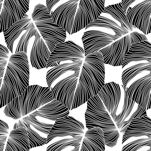 Black monstera leaves seamless pattern on white background. — Stock Vector