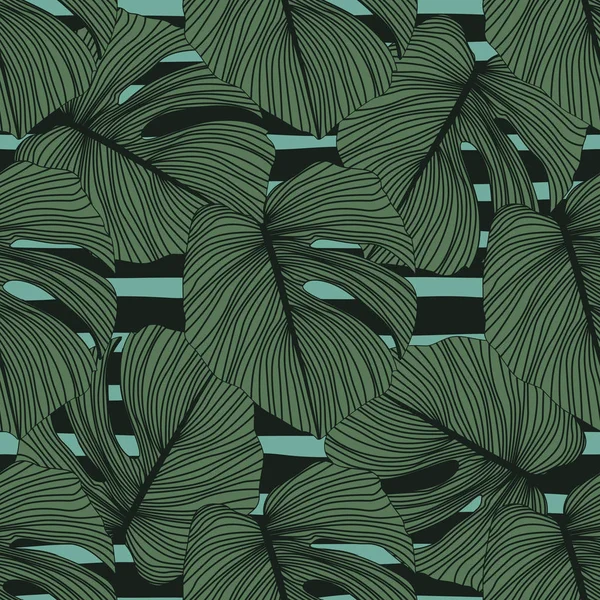 Monstera laisse motif sans couture sur fond rayures. Motif tropical, toile de fond botanique . — Image vectorielle