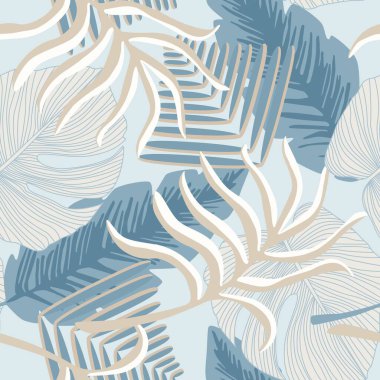 Soyut egzotik bitkilerin kusursuz desenleri. Tropik desen, palmiye yaprakları pürüzsüz botanik arkaplan.