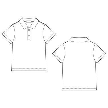 Beyaz polo tişört tasarım şablonu. Ön ve arka teknik skeç unisex polo tişörtü.