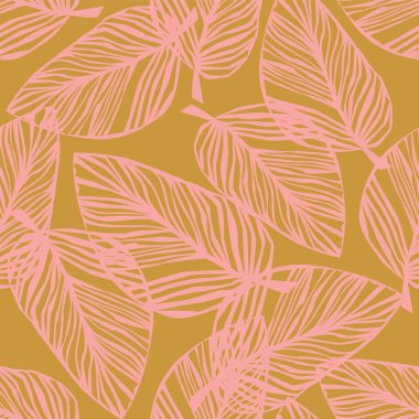 Arka planda basit egzotik bitkiler var. Tropik desen, palmiye yaprakları