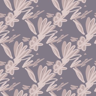 Soyut fırça mürekkebi, bitmeyen duvar kağıdı. Gri arka planda karalamalı çiçek deseni. Kumaş tasarımı için dekoratif zemin, tekstil baskısı, ambalaj kağıdı, kapak. Vektör illüstrasyonu