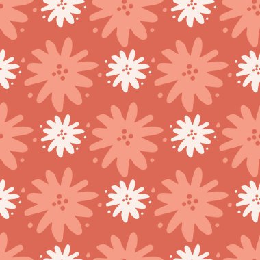 Geometrik kırmızı ve beyaz çiçekli kusursuz desen. Şirin papatya çiçekleri duvar kağıdı. Ditsy çiçekli arka plan. Kumaş, tekstil baskısı, ambalaj kağıdı, kapak tasarımı. Vektör illüstrasyonu.