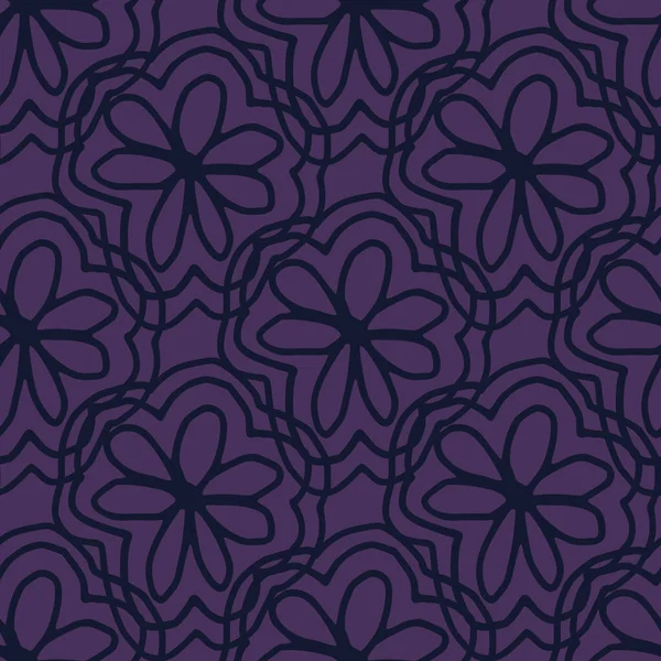 Linha Arte Flor Preta Flor Padrão Sem Costura Fundo Violeta — Vetor de Stock