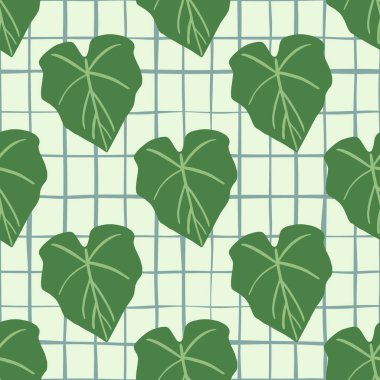 Geometrik yeşil, arka planda pürüzsüz bir desen bırakır. Yaprak duvar kâğıdı düz stil. Kumaş, tekstil baskısı, ambalaj kağıdı, kapak tasarımı. Botanik vektör illüstrasyonu.