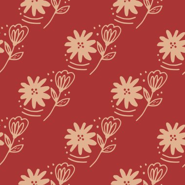 Kırmızı arka planda karalama çiçeği desenli çizgiler. Soyut çiçekleri. Kumaş tasarımı için dekoratif zemin, tekstil baskısı, ambalaj kağıdı, kapak. Vektör illüstrasyonu