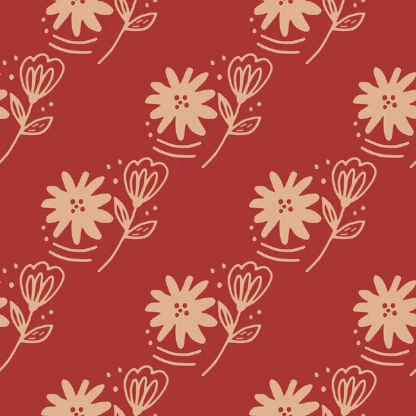 Kırmızı arka planda karalama çiçeği desenli çizgiler. Soyut çiçekleri. Kumaş tasarımı için dekoratif zemin, tekstil baskısı, ambalaj kağıdı, kapak. Vektör illüstrasyonu