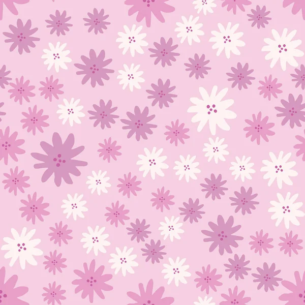 Hand Drawn Cute Daisies Flowers Seamless Pattern Pink Background Doodle — Stock Vector